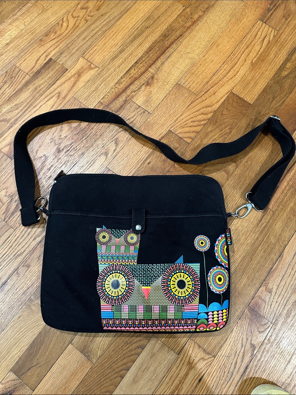 Black Crossbody Laptop Bag with Colorful Owl Artwork